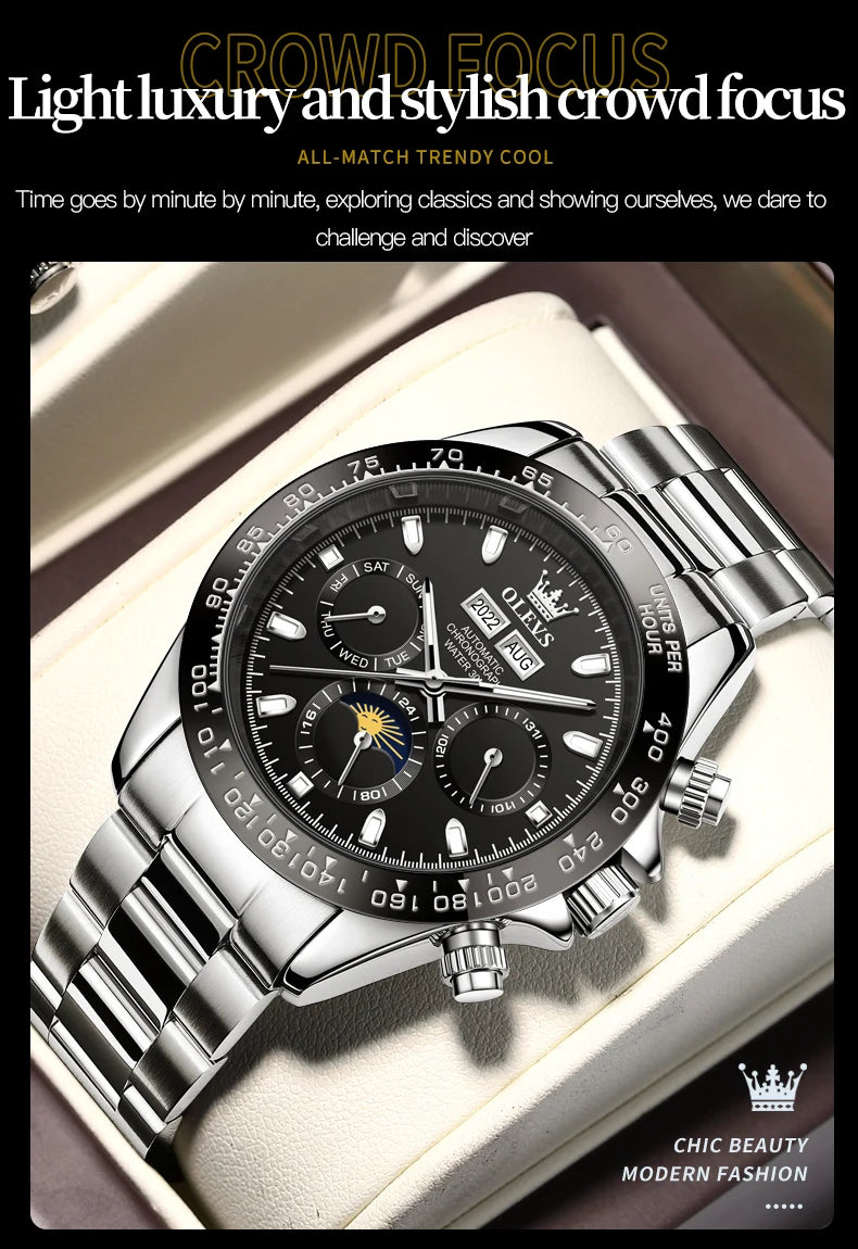 OLEVS 6654 Mens Watch Chronograph Automatic Mechanical Wristwatch Light Luxury Waterproof Luminous Function Brand Watch for Man