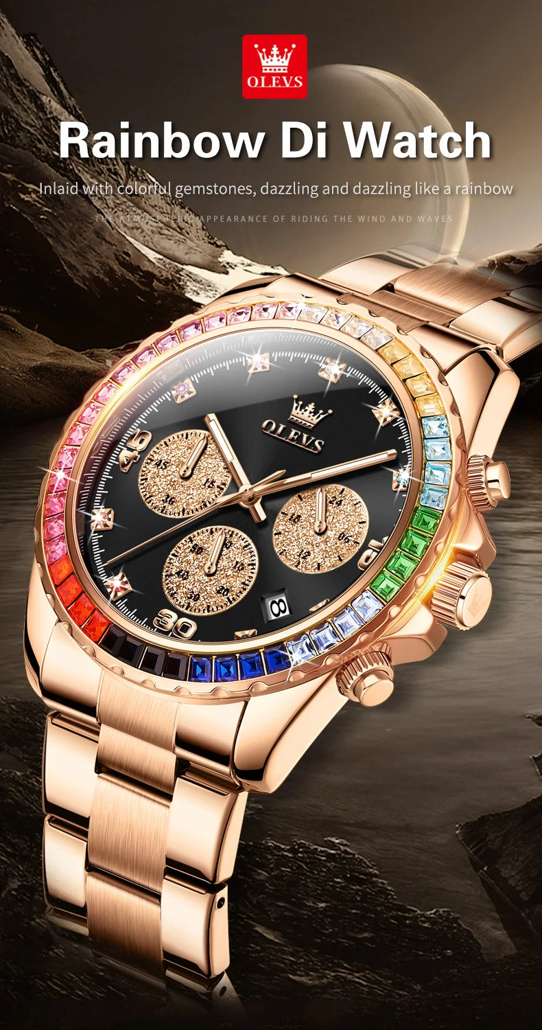 Watches For Men OLEVS Original Rainbow Gem Light Rose Gold Luxury Series Quartz Watch Waterproof Steel Strap Men's Watch New