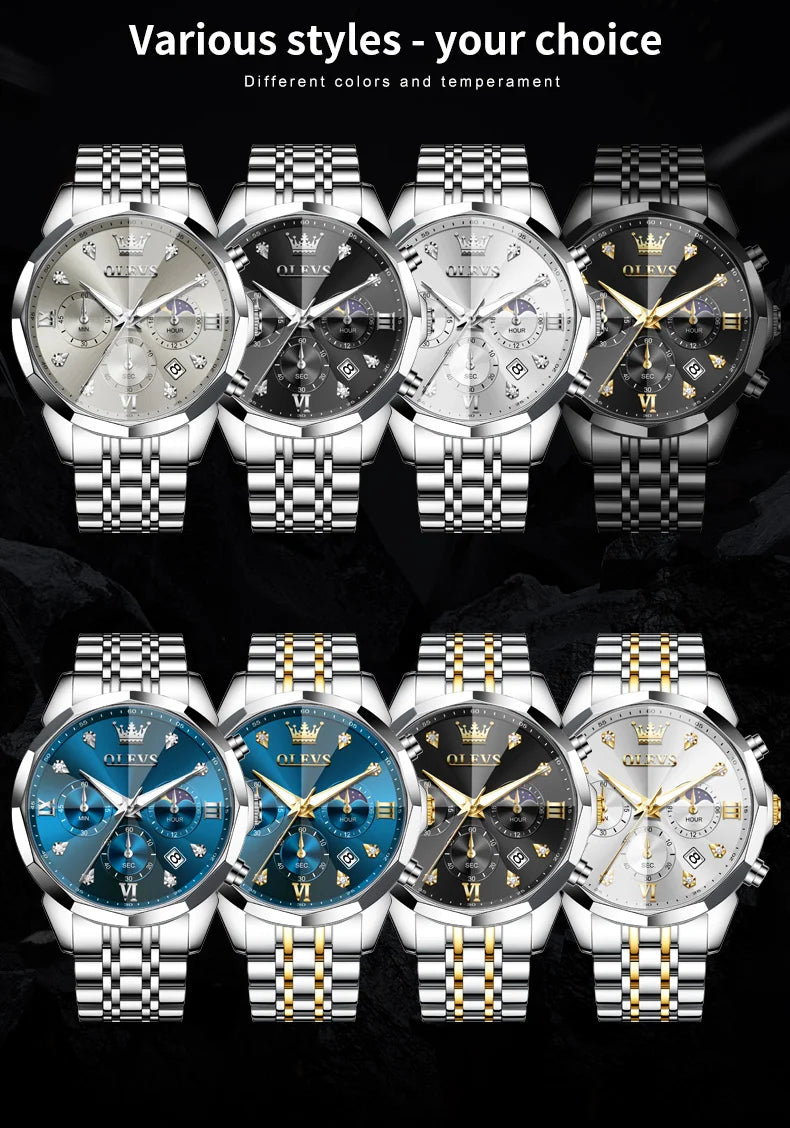 OLEVS 3670 Men's Watches Solid Steel Strap Rhombus Mirror 24Hour Moon Phase Waterproof Luminous Chronograph Quartz Watch for Men