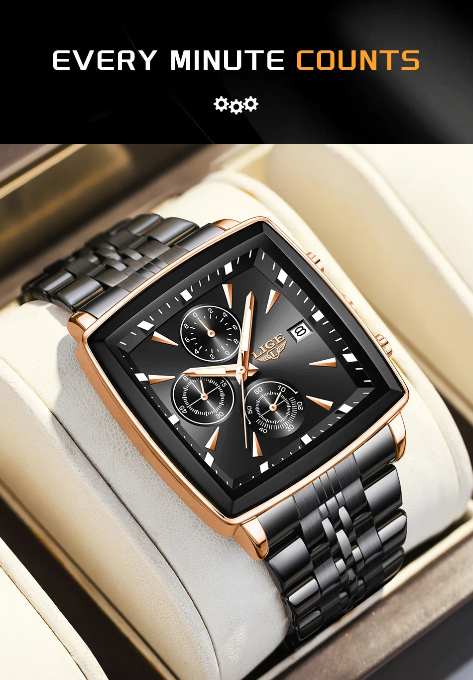 LIGE Fashion Luxury  Watches for Men Square Dial Stainless Steel Waterproof Luminous Auto Date Chronograph Quartz Man Watch+Box