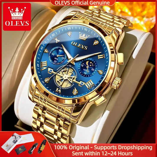 OLEVS Luxury Brand Men's Watch Classic Roman Scale Flywheel Design Moon Phase Waterproof Quartz Watch for Men Original 2856