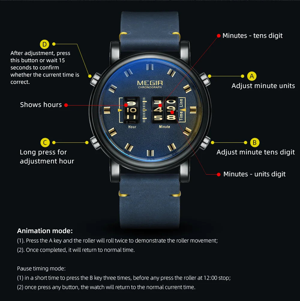 MEGIR Luxury Brand Men Sport Casual Watches Leather Strap Digital Roller Pointer Quartz Wristwatch Clock Relogio Masculino 2137