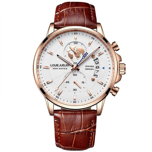 LOUIE JUELEN New Hot-Selling Men's Business Watch - Genuine Leather Strap Chronograph 3Eye Luminous Waterproof Quartz Wristwatch