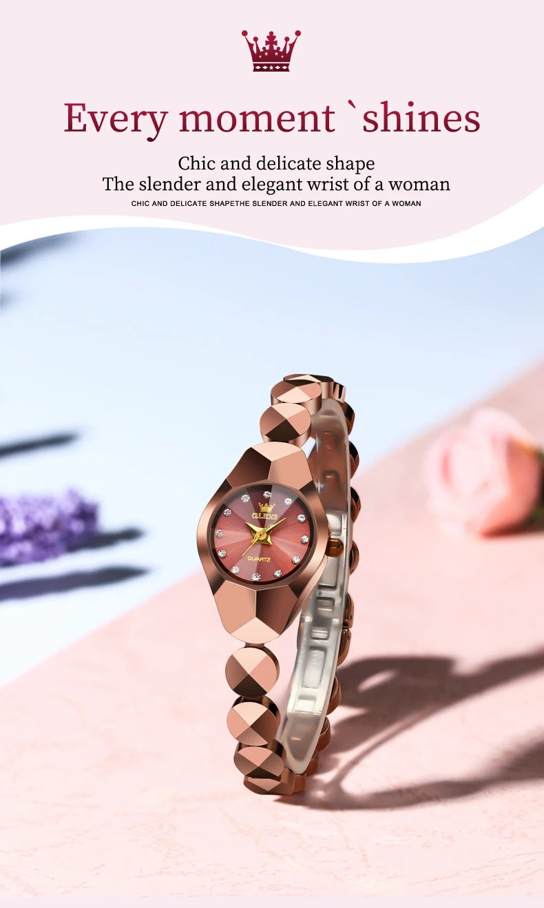 OLEVS 7007 Ladies Watches Original Quartz Wristwatch Rhombus Mirror Diamond Scale Tungsten Steel Watch for Women Bracelet Set