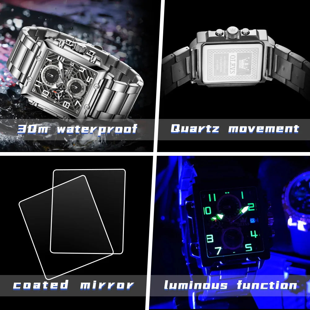 OLEVS 2958 Men Watch Fashion Business Square Quartz Watch Luxury Brand Waterproof Chronograph Formal Sports Men Watch Box Reloj