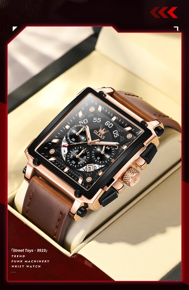 OLEVS 9919 Men Watch Fashion Square Dial Leather Strap Chronograph Waterproof Sports Clock Luxury Original Quartz Wristwatch Man