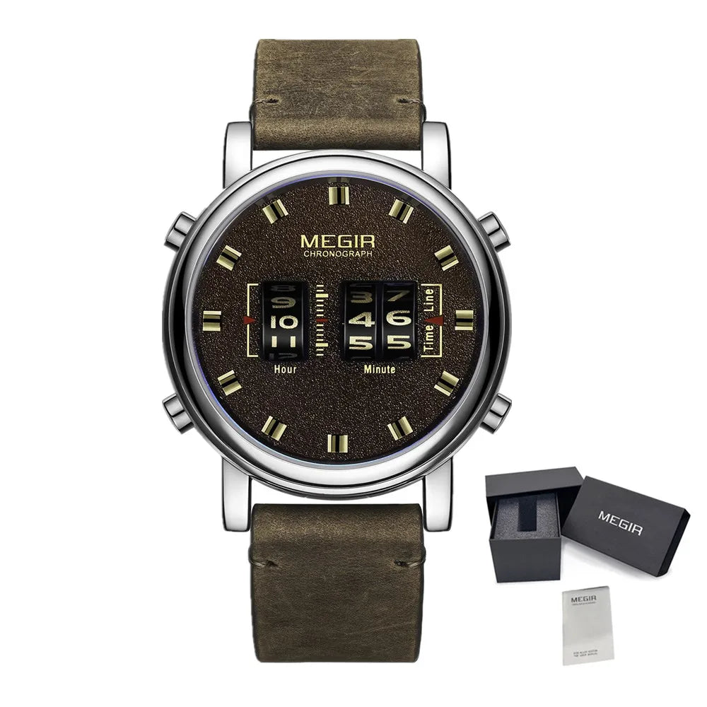 MEGIR Luxury Brand Men Sport Casual Watches Leather Strap Digital Roller Pointer Quartz Wristwatch Clock Relogio Masculino 2137