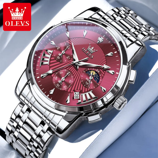OLEVS Brand Fashion Red Watch For Men Luxury Sport Waterproof Stainless Steel Chronograph Quartz Watches Mens Relogio Masculino