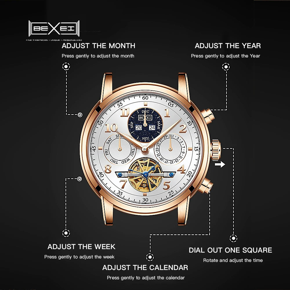 BEXEI 2025 Perpetual Calendar Automatic Watch Waterproof Mens Watches Top Brand Luxury Tourbillon Mechanical Watches for Man