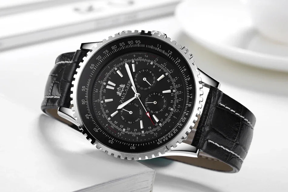 Automatic Watch for Men Mechanical Stainless Steel Black Brown Blue Leather Strap Sports Big 50mm Reloj Hombre Baratos