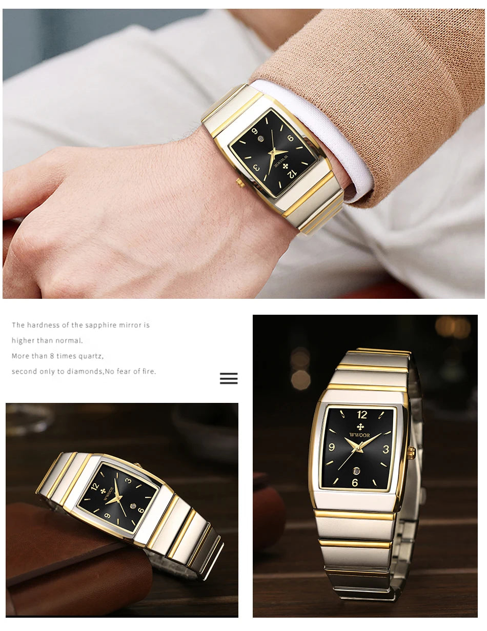 Relogio Masculino WWOOR New Man's Square Watch For Men with Automatic Date Luxury Stainless Steel Gold Mens Quartz Wrist Watches