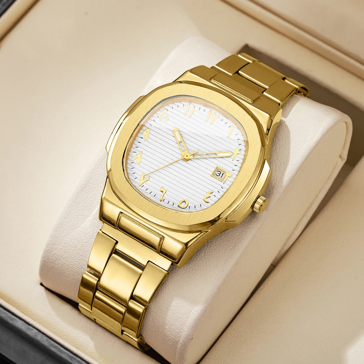 Luxury Men Business Watches Fashion Square Dial Stainless Steel Strap Quartz Watch with Calendar For Mens Clock（Without Box）