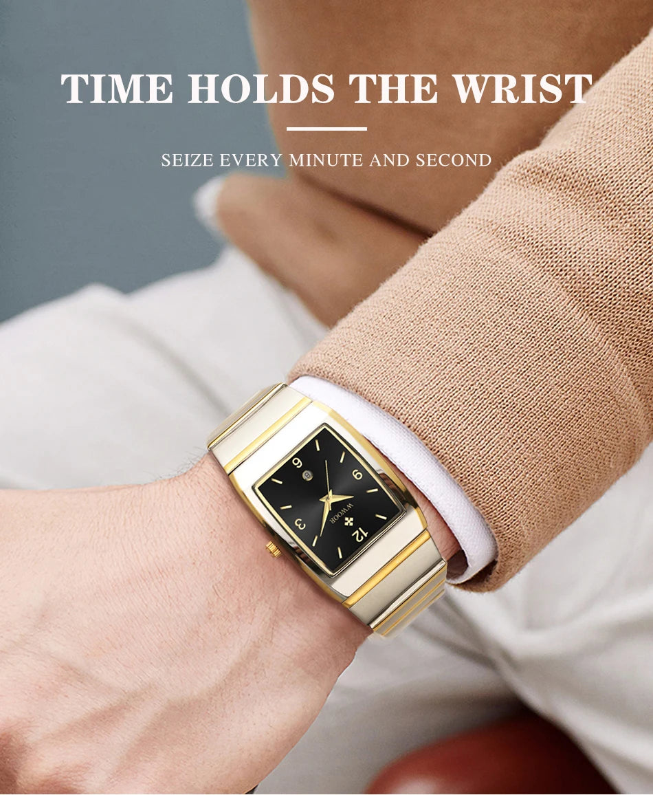 Relogio Masculino WWOOR New Man's Square Watch For Men with Automatic Date Luxury Stainless Steel Gold Mens Quartz Wrist Watches