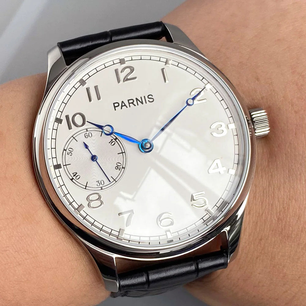 Retro Watch for Men Asia 6497 Hand Winding Movement Black White Mechanical Manual Winding Mineral Crystal 44mm Transparent Back