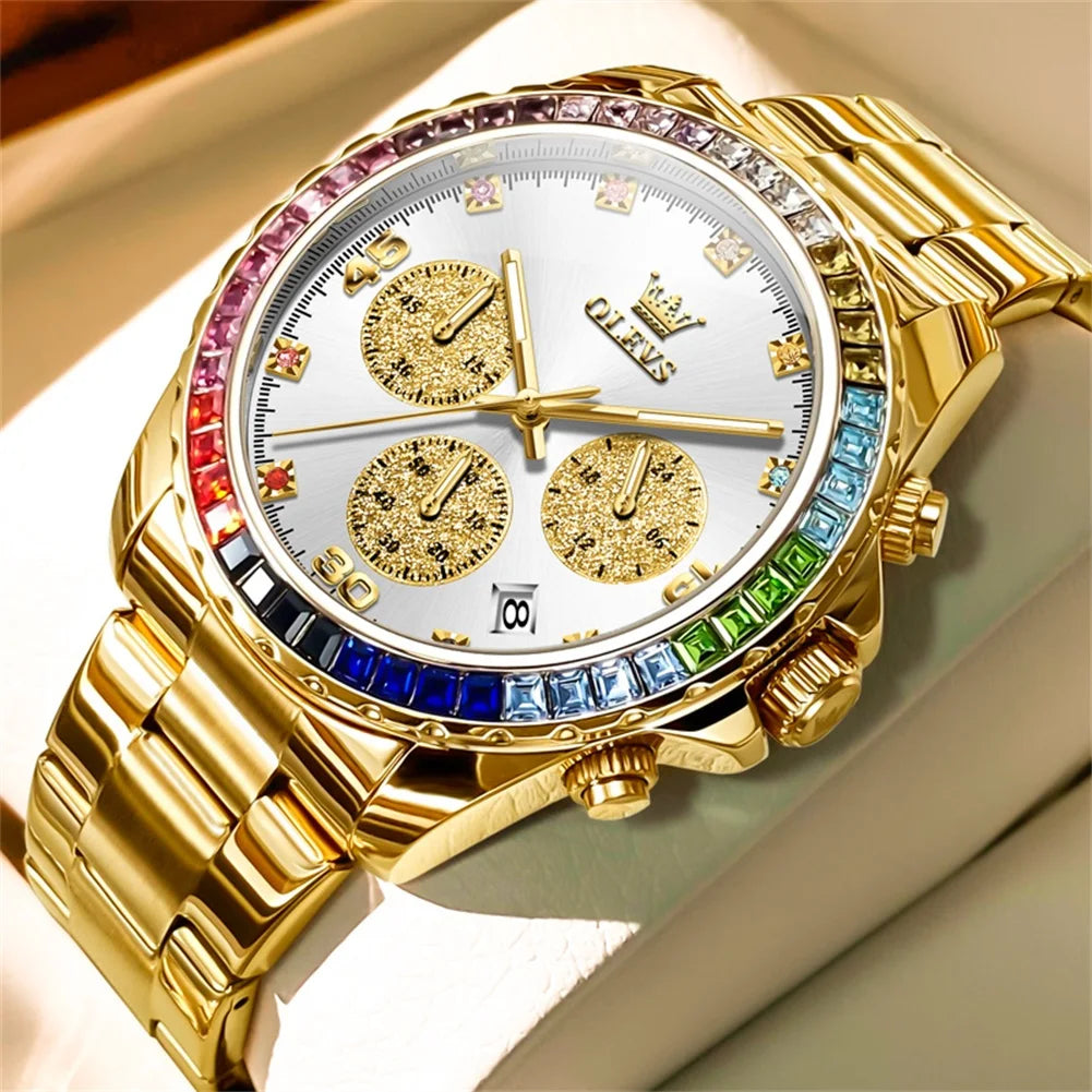 Watches For Men OLEVS Original Rainbow Gem Light Rose Gold Luxury Series Quartz Watch Waterproof Steel Strap Men's Watch New