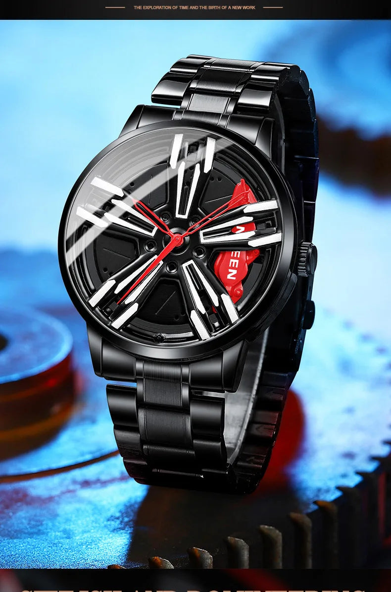 2025 New Racing Watches Men Custom Design Super Car Rim Watch Stainless Steel Black Retro Waterproof Watch Relogio Masculino