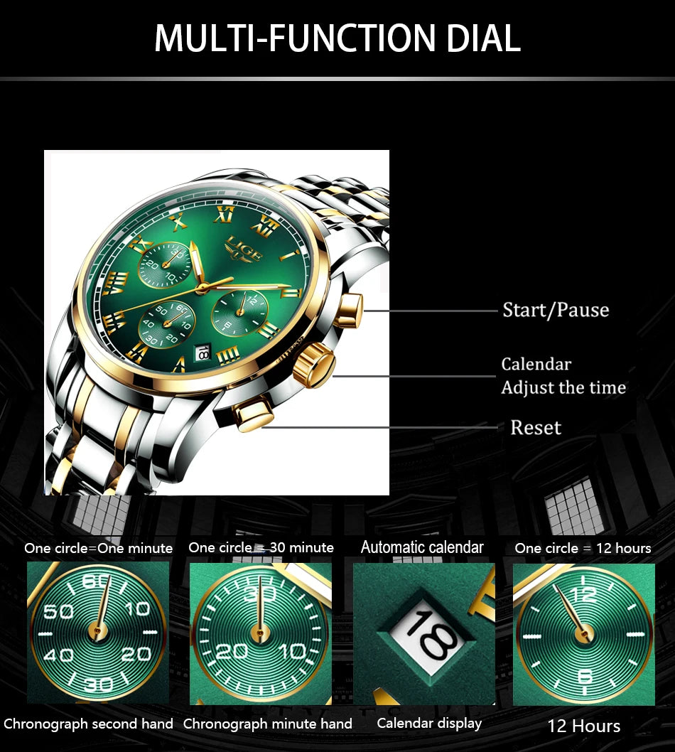 Relojes Hombre 2024 New LIGE Watches Men Luxury Brand Chronograph Male Sport Watches Waterproof Stainless Steel Quartz Men Watch