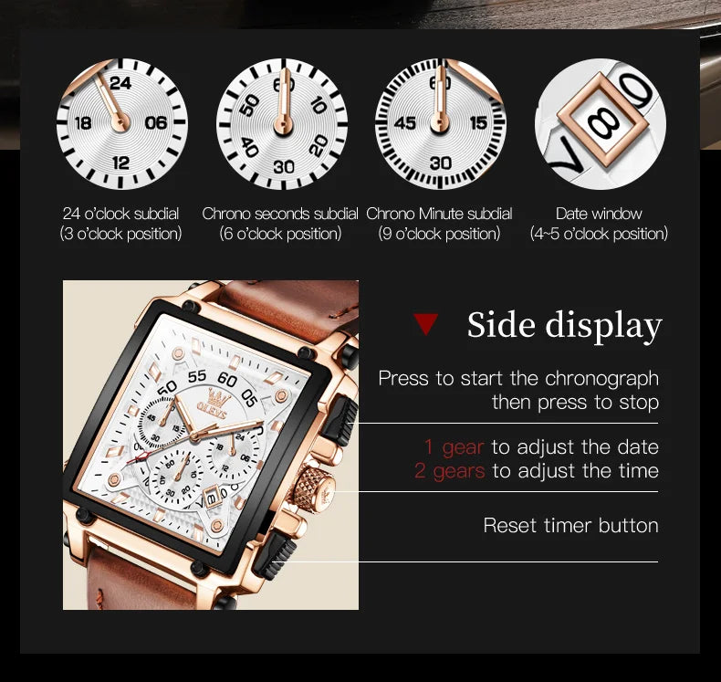 OLEVS 9919 Men Watch Fashion Square Dial Leather Strap Chronograph Waterproof Sports Clock Luxury Original Quartz Wristwatch Man