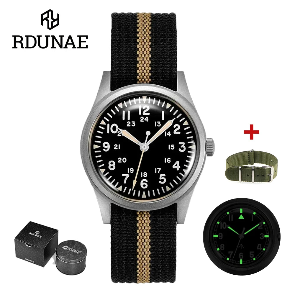 2025 New RDUNAE RA03 34.5mm Military Men Vintage Quartz Watch G10 Miyota 2035 Watches K1 Mineral Glass Stainless Steel Wristwatc