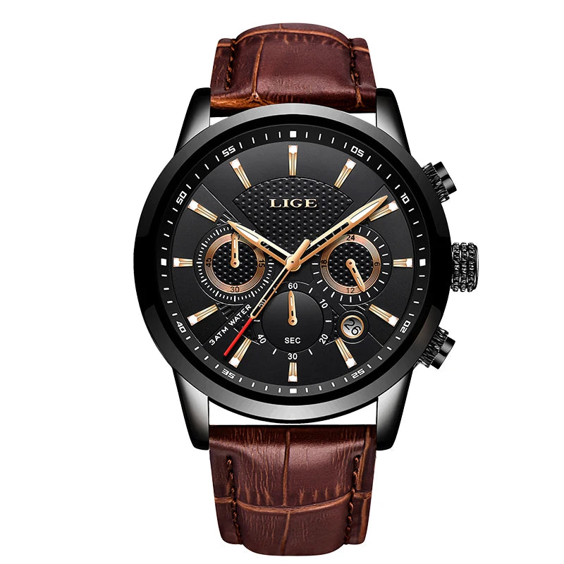 2023 New Mens Watches LIGE Top Brand Leather Chronograph Waterproof Sport Automatic Date Quartz Watch For Men Relogio Masculino