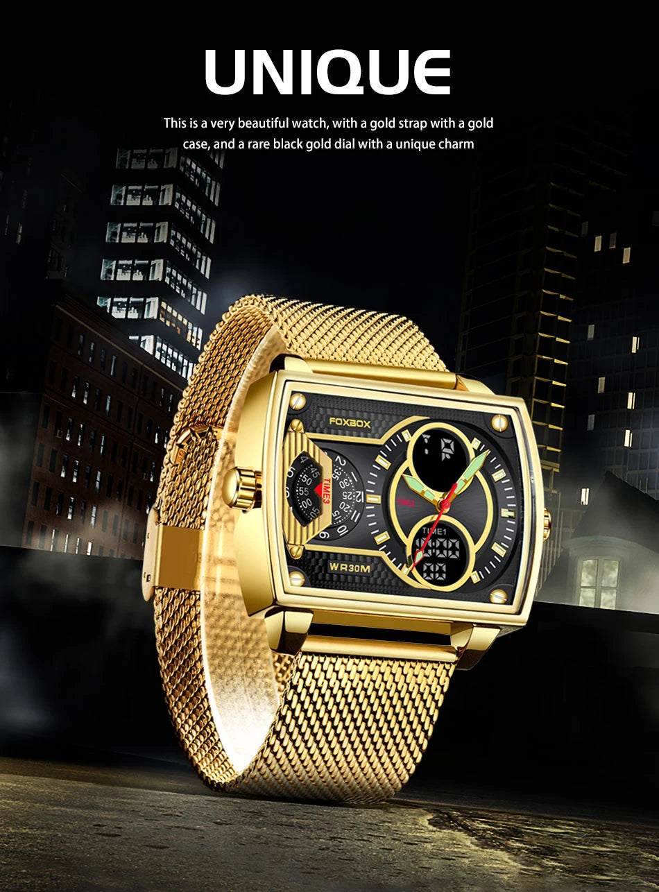 LIGE Top Brand Luxury Men Watch FOXBOX Fashion Square Watch Men Casual Sports Waterproof Double Display Watch Relogio Masculino
