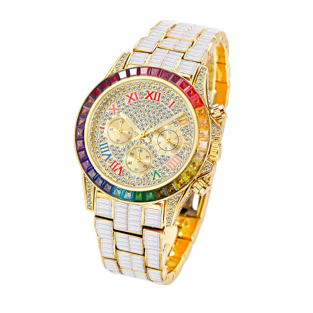 Chronograph Men Quartz Watches Waterproof Rainbow Diamond Luxury Iced Out Watches For Men Gift Dropshipping uhren für herren