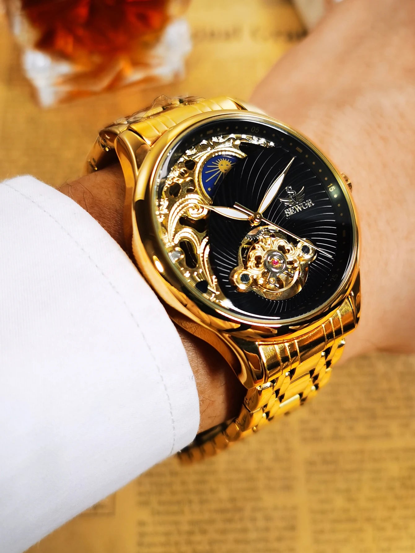 Royal Tourbillon Skeleton Watch for Men Gold Retro Automatic Mechanical Watches Stainless Steel Strap Luxury Brand Wristwatches