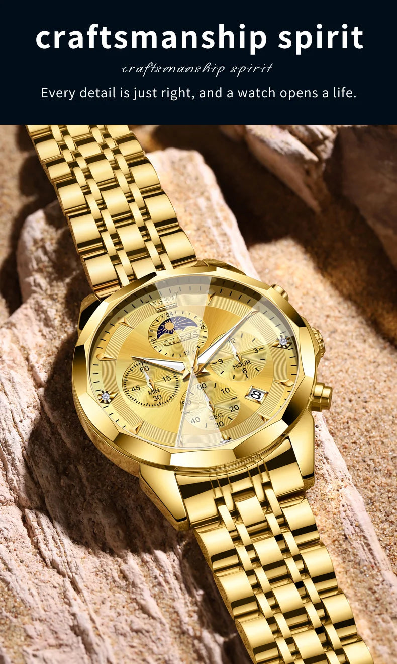 OLEVS Hot Sale Men's Watches Original Brand Quartz Watch Rhombus Mirror Waterproof Luminous Chronograph Moon Phase Watches 3673