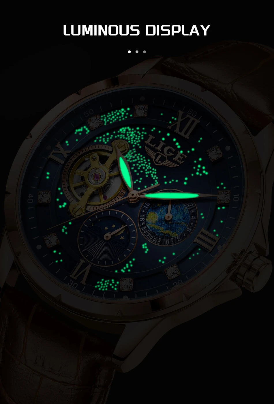 LIGE Top Luxury Mechanical Watches Men Fashion Diamonds Automatic Mens Watch 30M Waterproof Luminous Wristwatch Male Reloj 2026