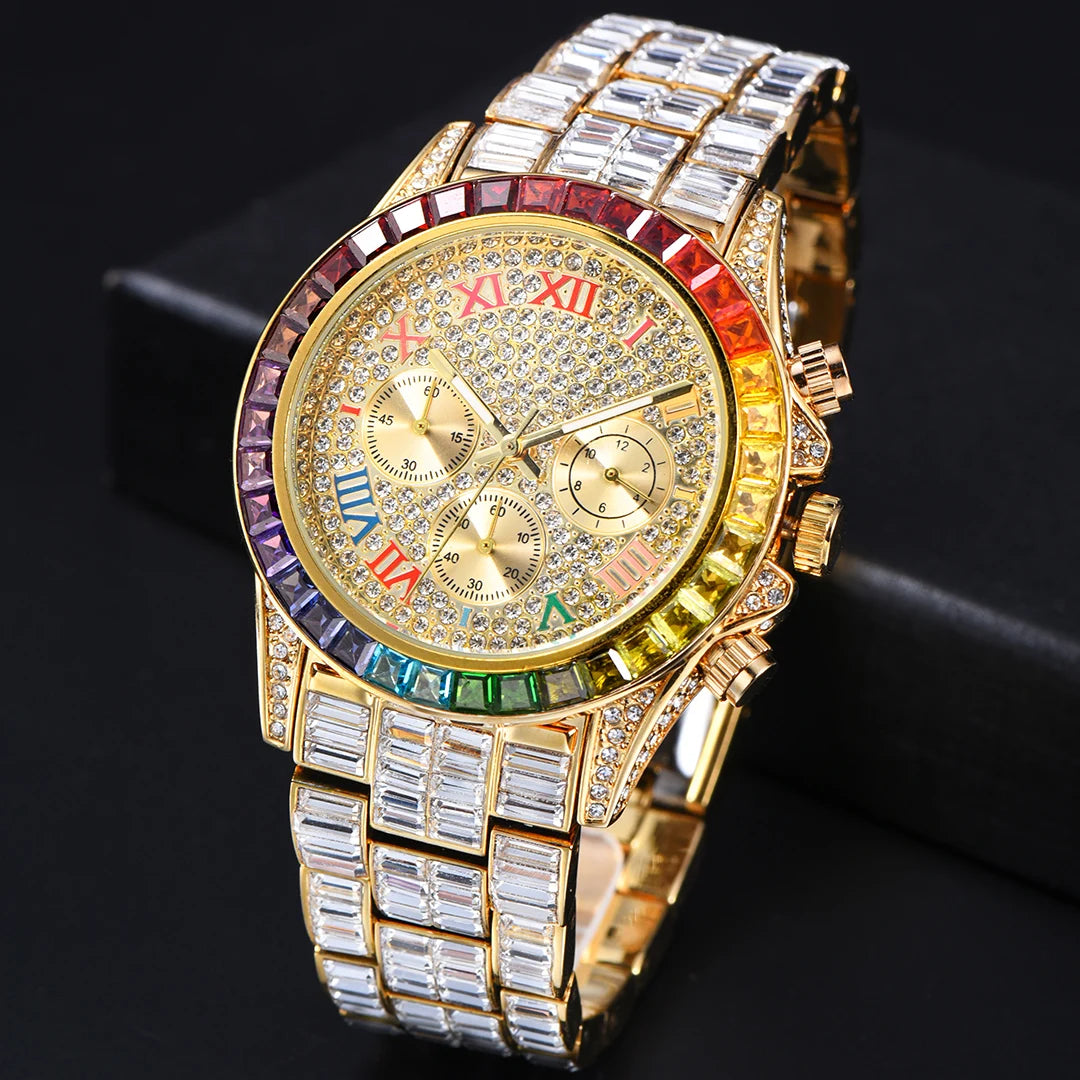 Chronograph Men Quartz Watches Waterproof Rainbow Diamond Luxury Iced Out Watches For Men Gift Dropshipping uhren für herren