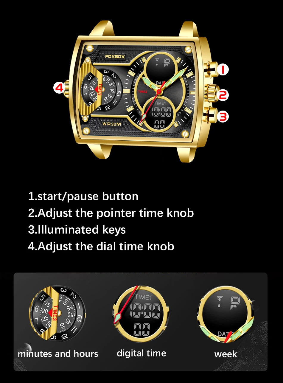 LIGE Top Brand Luxury Men Watch FOXBOX Fashion Square Watch Men Casual Sports Waterproof Double Display Watch Relogio Masculino