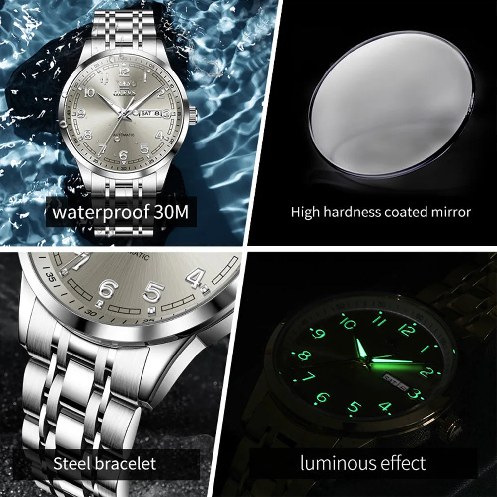 OLEVS Luxury Watch For Men automatic mechanical Wristwatches Classic Men Watch Waterproof Gray Dial Luxury Brand Date Week 7077