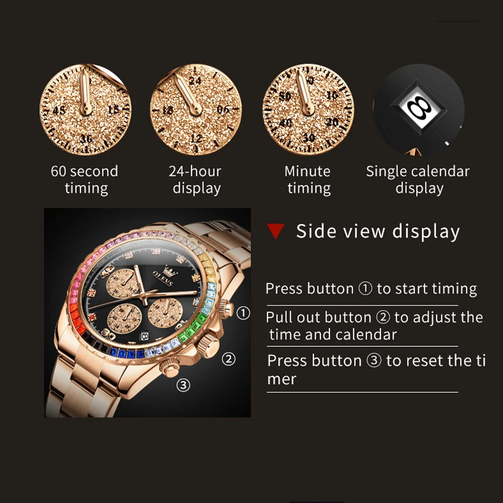 Watches For Men OLEVS Original Rainbow Gem Light Rose Gold Luxury Series Quartz Watch Waterproof Steel Strap Men's Watch New