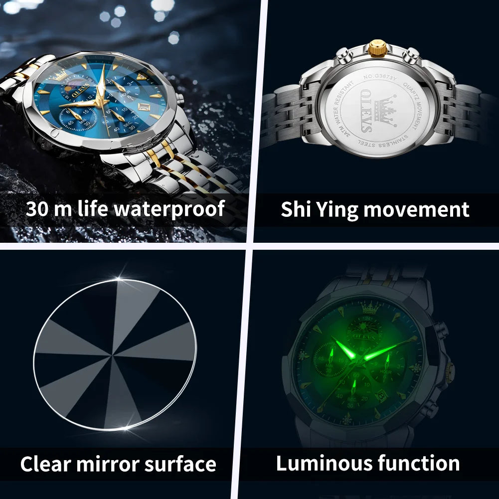 OLEVS Hot Sale Men's Watches Original Brand Quartz Watch Rhombus Mirror Waterproof Luminous Chronograph Moon Phase Watches 3673