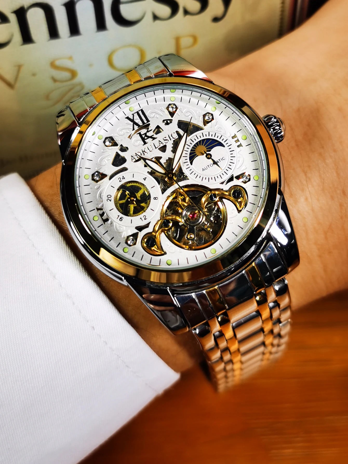 AOKULASIC Retro Tourbillon Mechanical Watch for Men Luminous Hands Business Automatic Mens Watches Top Brand Luxury Steel Strap