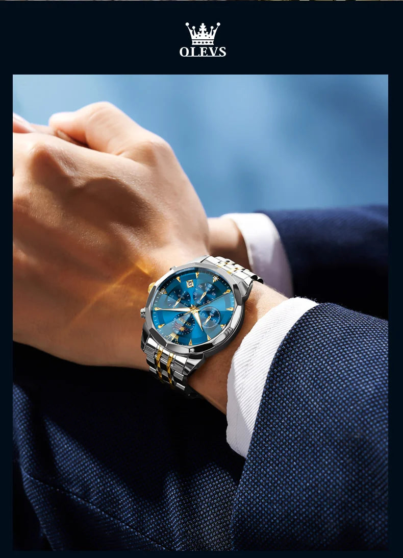 OLEVS Hot Sale Men's Watches Original Brand Quartz Watch Rhombus Mirror Waterproof Luminous Chronograph Moon Phase Watches 3673