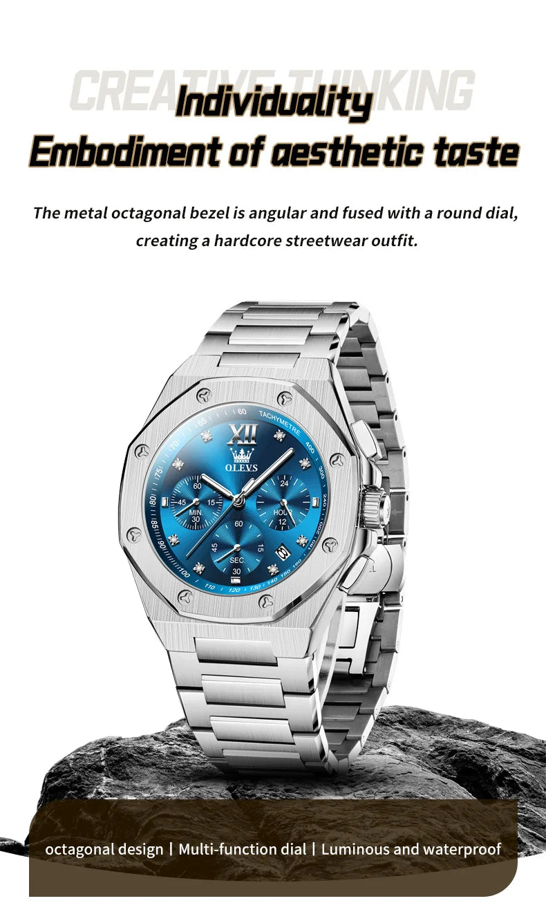 OLEVS Men's Watches Classic Luxury Top Brand Fine Steel Original Quartz Wristwatch for Man Waterproof Luminous Date Chronograph