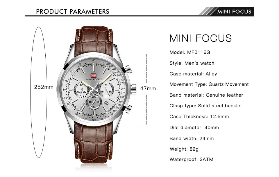 Top Brand Men's Leather Watch Luxury Quartz Watch Casual Business Sport Waterproof Chronograph Wristwatch with Date Display