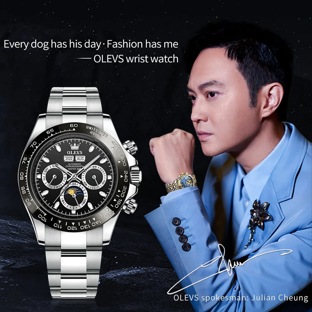 OLEVS 6654 Mens Watch Chronograph Automatic Mechanical Wristwatch Light Luxury Waterproof Luminous Function Brand Watch for Man