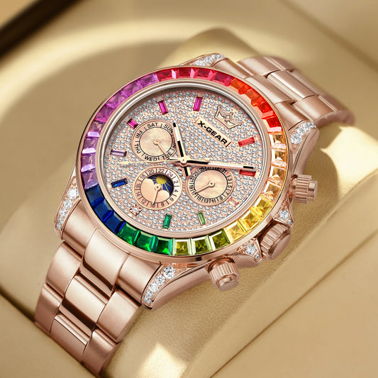 Luxury Men's Rose Gold Watch Colorful Gemstone Bezel 6-Pin Display Waterproof Mechanical Watch for Elegant Fashion