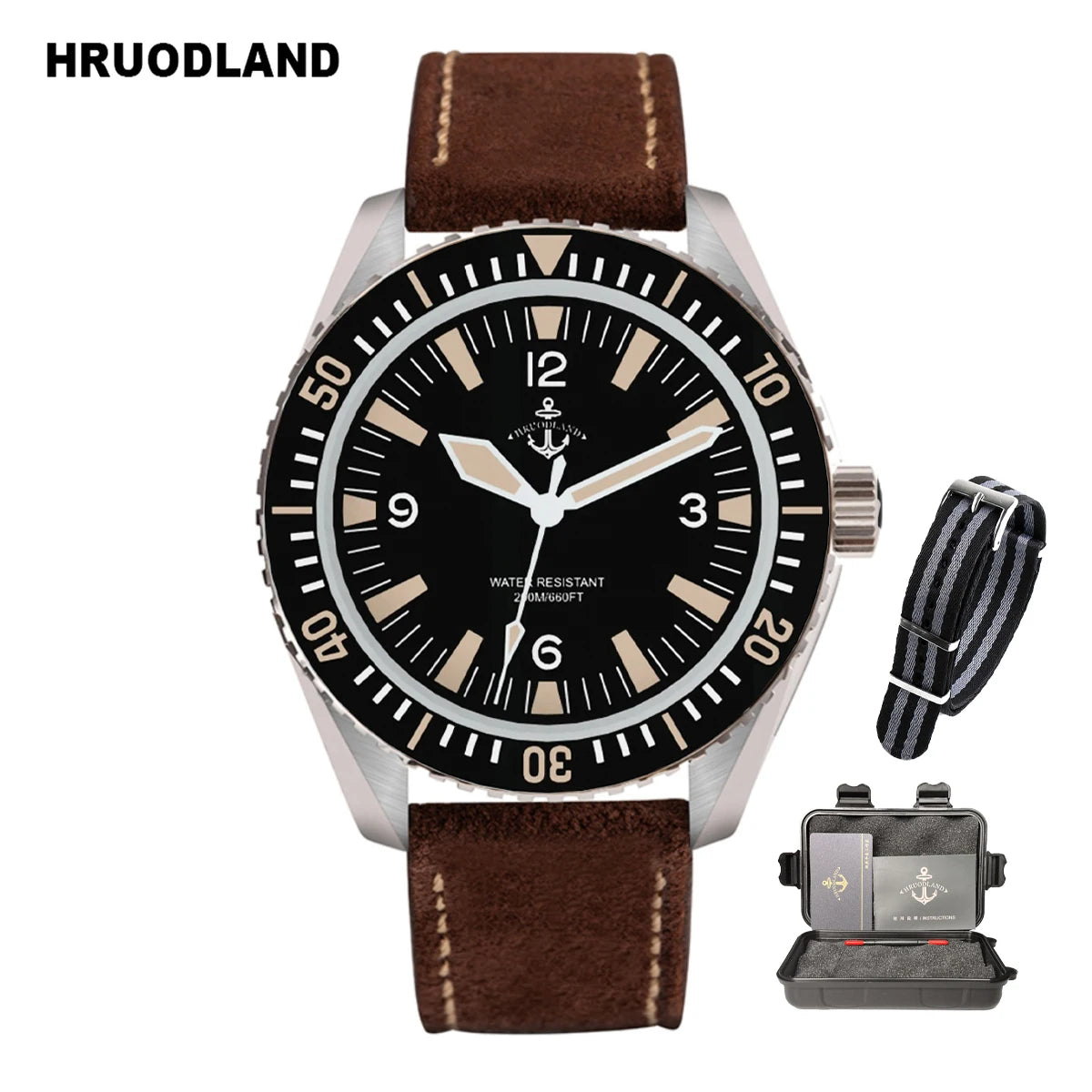 Hruodland Classic Retro Automatic Mechanical Men's Watches F025 Stainless Steel Brown Leather waterproof Luminous reloj hombre