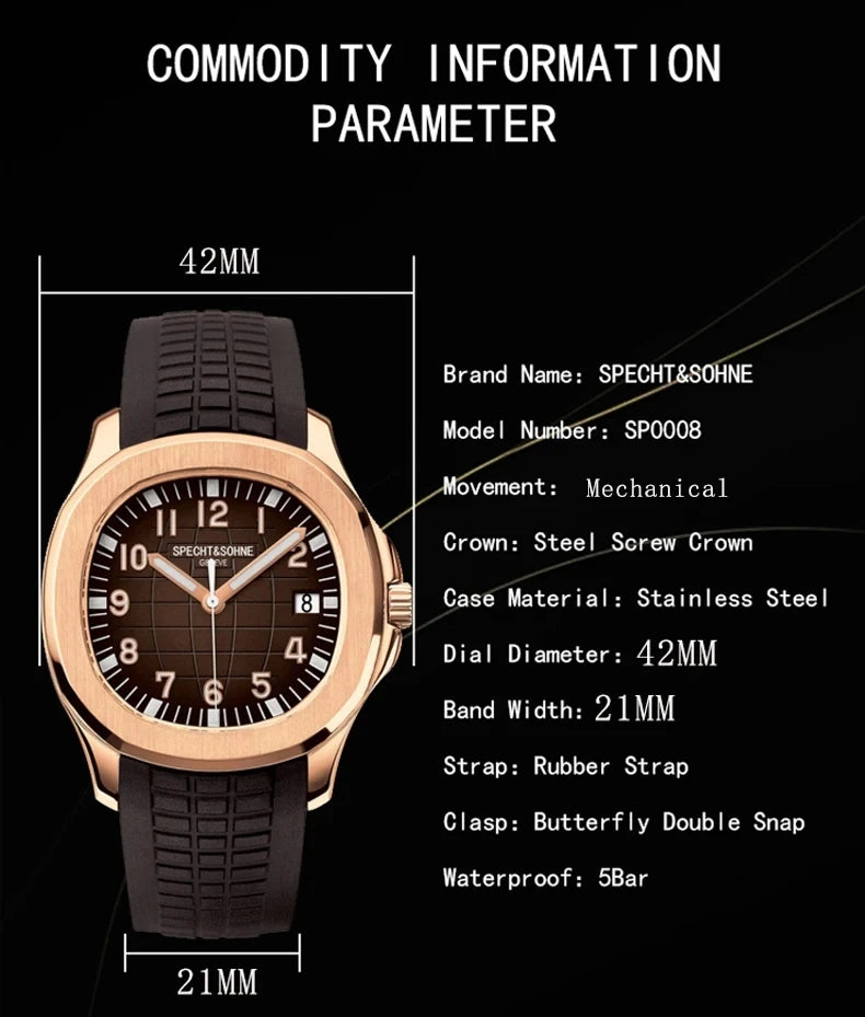 2025 New Men's Watches Automatic Mechanical Watch Luxury Brand Specht&Sohne Sport Watch For Men Rubber Strap Relogio Masculino