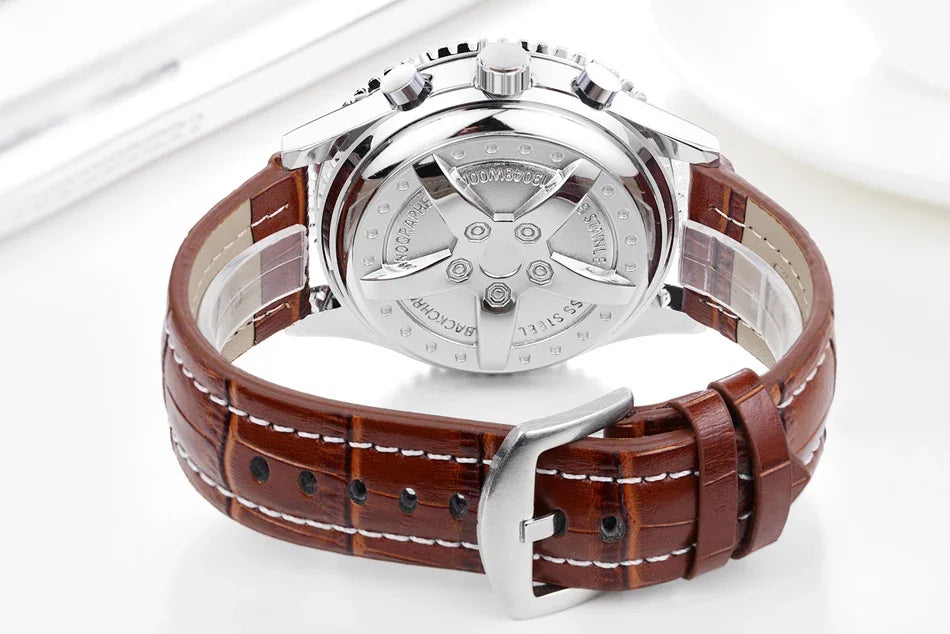 Automatic Watch for Men Mechanical Stainless Steel Black Brown Blue Leather Strap Sports Big 50mm Reloj Hombre Baratos