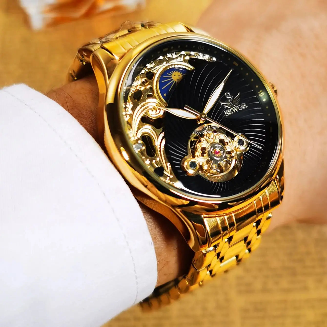 Royal Tourbillon Skeleton Watch for Men Gold Retro Automatic Mechanical Watches Stainless Steel Strap Luxury Brand Wristwatches