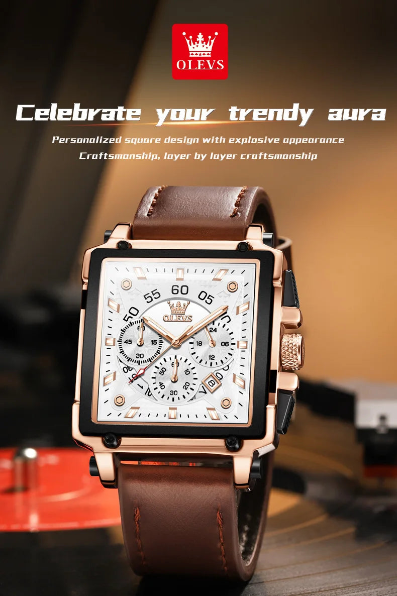 OLEVS 9919 Men Watch Fashion Square Dial Leather Strap Chronograph Waterproof Sports Clock Luxury Original Quartz Wristwatch Man
