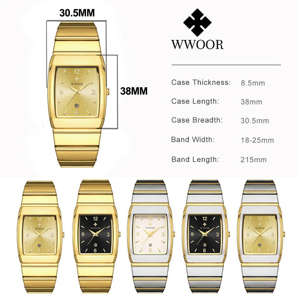 Relogio Masculino WWOOR New Man's Square Watch For Men with Automatic Date Luxury Stainless Steel Gold Mens Quartz Wrist Watches