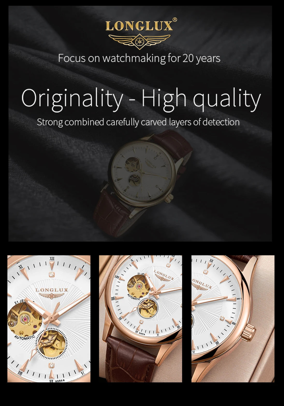 LONGLUX automatic watch elegant style wholesale mechanical wristwatches skeleton rome waterproof  mens watch men gift