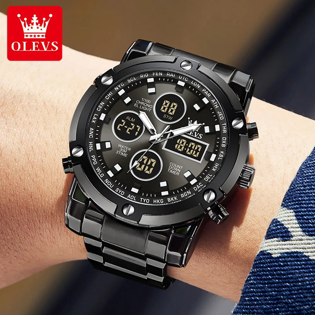 OLEVS 2024 New Mens Watches Top Brand Luxury Sport Digital Quartz Wristwatch For Men All Steel Military Waterproof Clock+Box