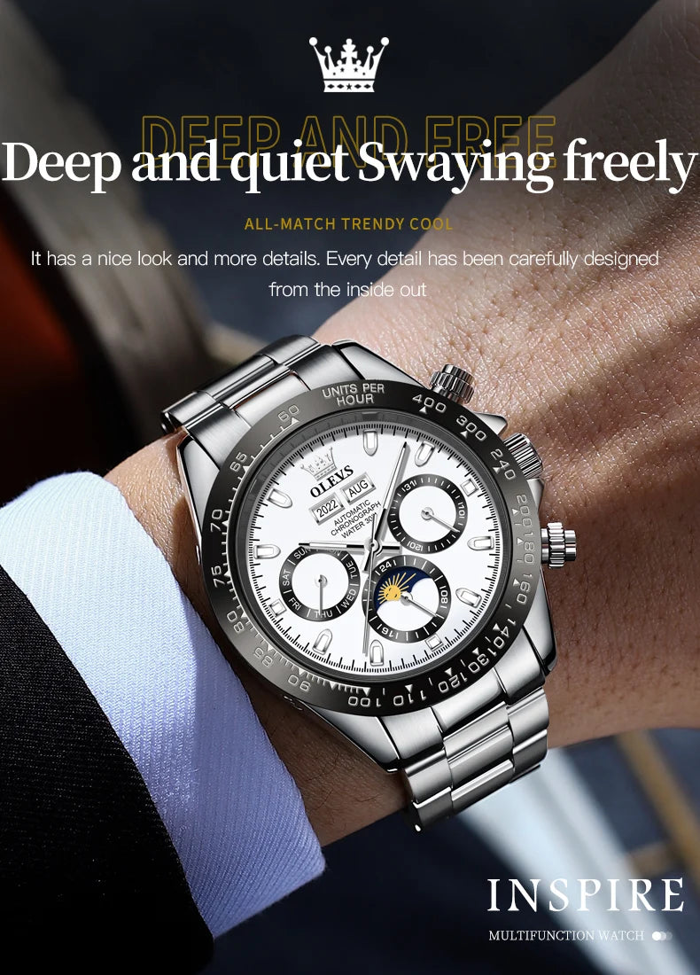 OLEVS 6654 Mens Watch Chronograph Automatic Mechanical Wristwatch Light Luxury Waterproof Luminous Function Brand Watch for Man