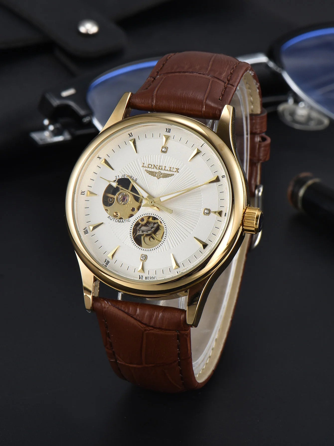 Automatic watch elegant skeleton waterproof mechanical watches leather simple rome mens watch men gift